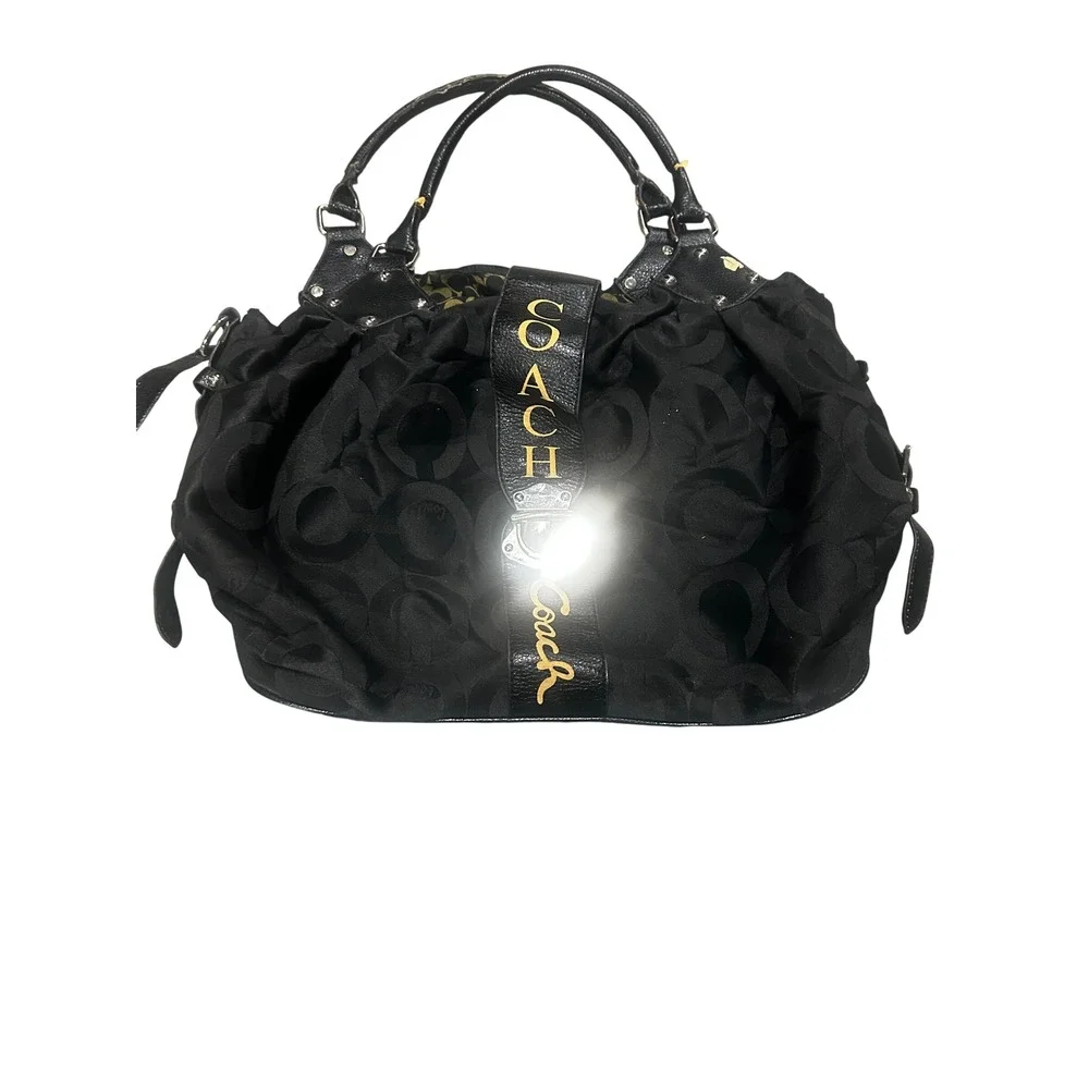 Coach Black Signature Jacquard Leather Satchel Shoulder Bag Turnlock Pleated